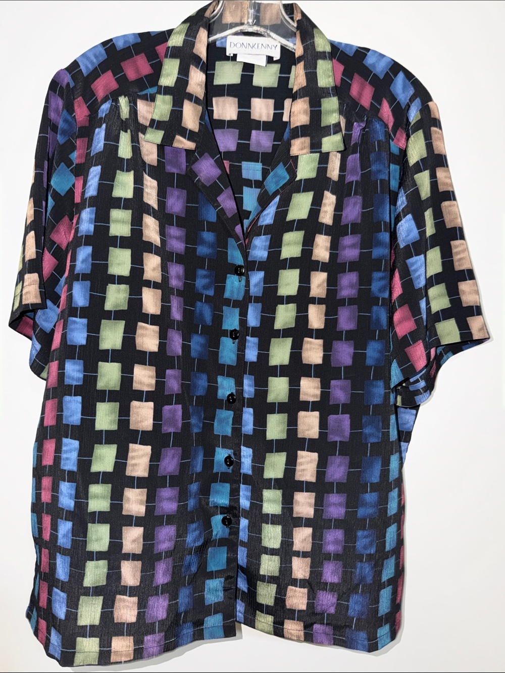 Donnkenny Black Short-Sleeve Button-Down Shirt with Multicolor Geo Squares